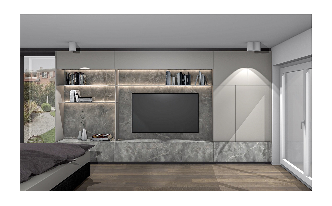 Rendering und 3D Ansicht eines TV-Schrankes in Steinoptik in edlem Design und indirekter Beleuchtung