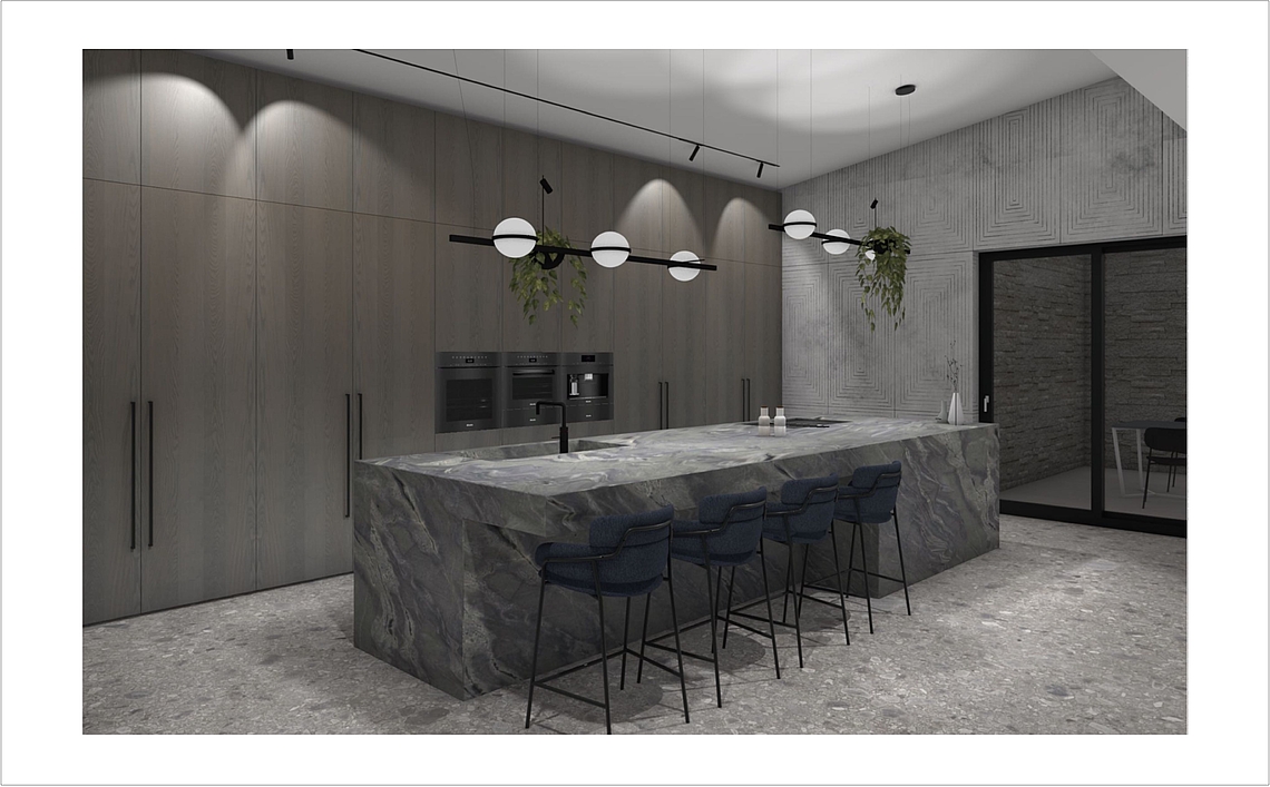 Rendering einer Küche mit Steinblock und hochschrank