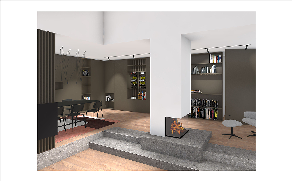 Rendering eines Wohn- und Essbereiches mit ganzheitlichem Einbauten und Wandverkleidung von mfg design entworfen
