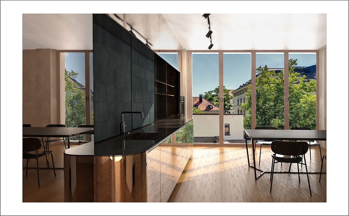 Rendering einer Designerküche für das Bauprojekt hoch der isar